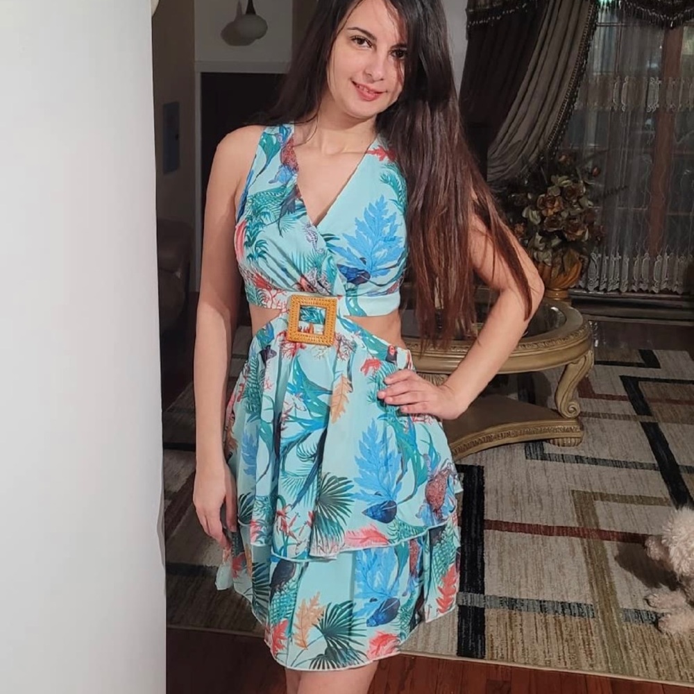 Summer V Neck Floral Print Mini Sleeveless Cut Out Ruffle Layer Skater  Dress
